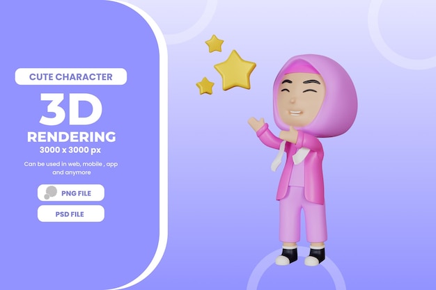 Illustrazione del personaggio di una ragazza carina con rendering 3d con psd premium a stella