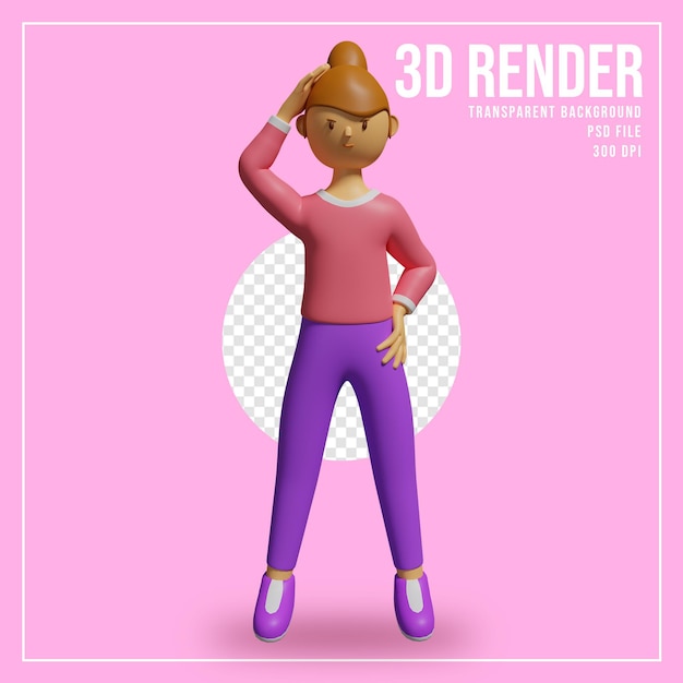 Rendering 3d del personaggio di una ragazza carina con un gesto confuso