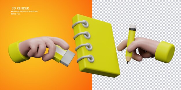 3d rendering of cute hands and pencil with eraser