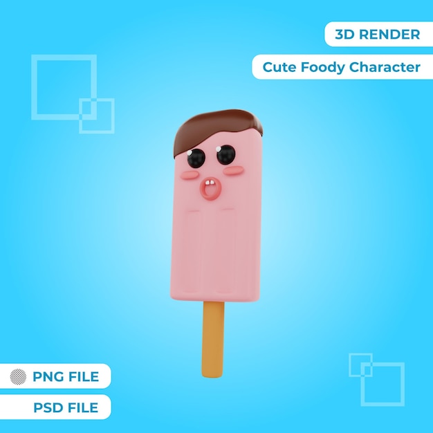 PSD 3d rendering cute ice cream character illustration object premium psd