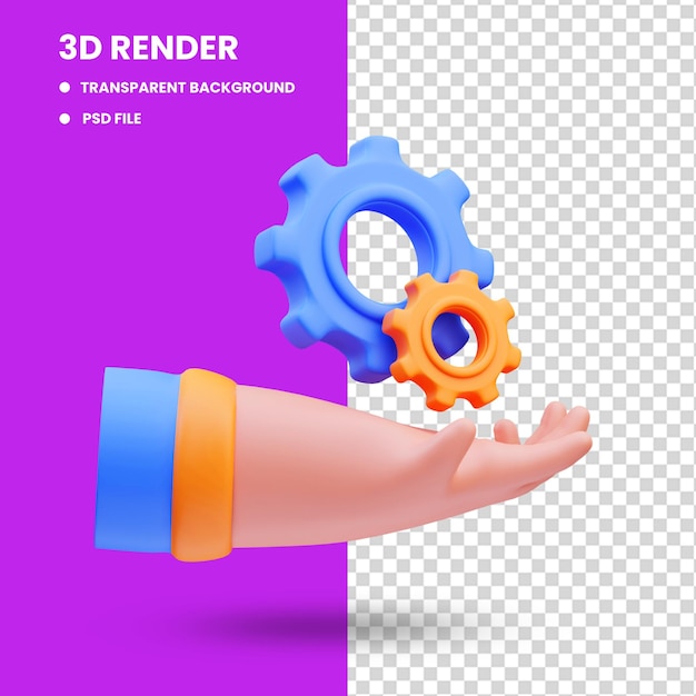 PSD 3d rendering of cute icon illustration hand holding gear is under repair, empty state