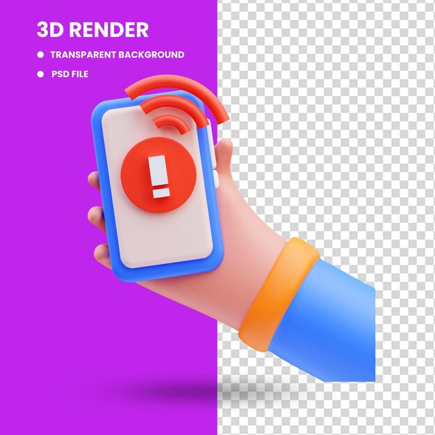 PSD 3d rendering of cute icon illustration hand holding mobile phone no signal, empty state