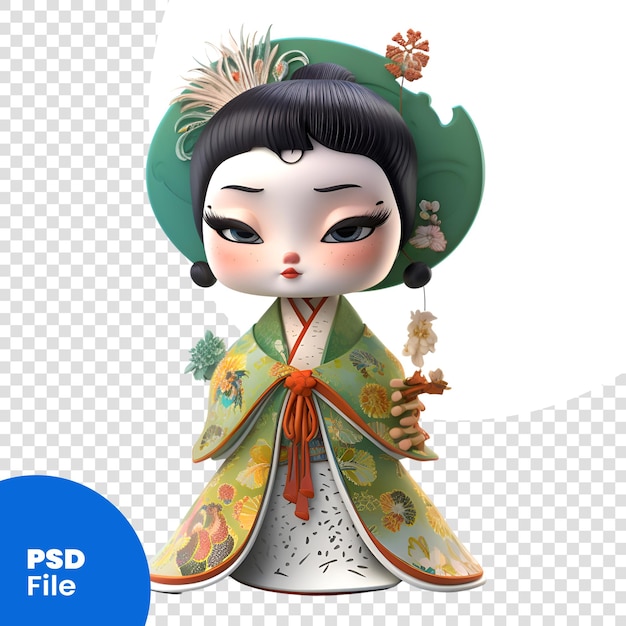PSD rendering 3d di una carina geisha giapponese isolata su sfondo bianco modello psd