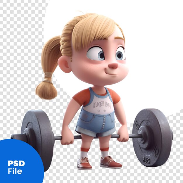 3d rendering of a cute little girl lifting a barbell psd template