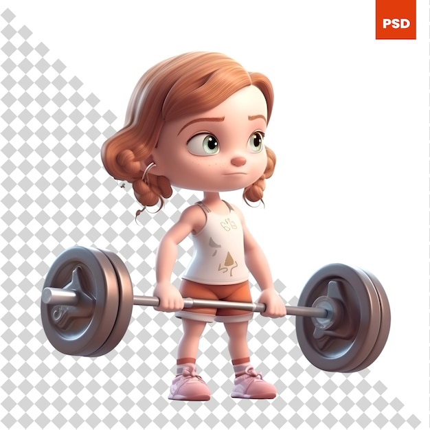 PSD 3d rendering of a cute little girl lifting a barbell