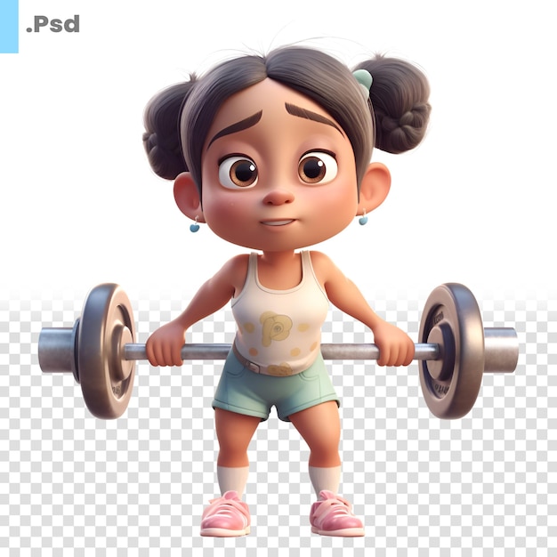 PSD 3d rendering of a cute little girl lifting a heavy barbell psd template