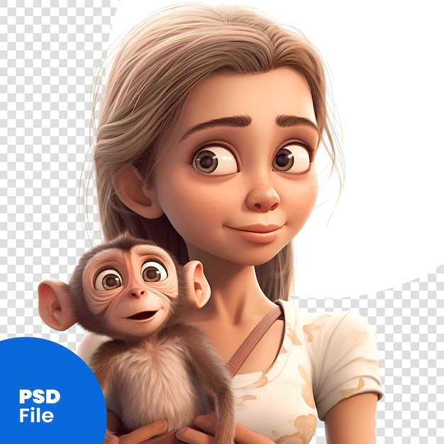 3d rendering of a cute little girl with a monkey on a white background psd template