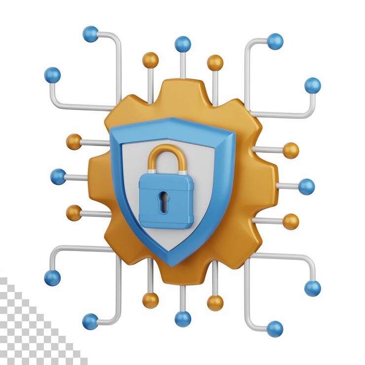 PSD 3d rendering cyber security isolated useful for technology, programming, development, coding, software, app, computing, server and connection design element