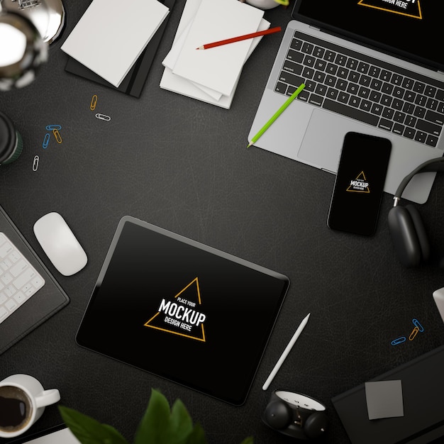 3d rendering dark creative flat lay workspace with tablet mockup