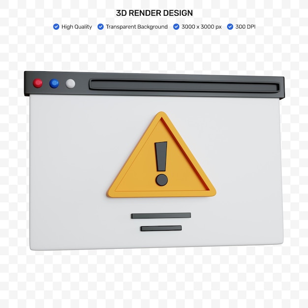 PSD 3d rendering dark web browser with a yellow exclamation mark warning isolated