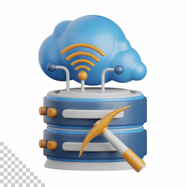 PSD 클라우드, 네트워크, 컴퓨팅, 기술, 데이터베이스, 서버 및 연결 설계 요소에 유용한 3d 렌더링 데이터 마이닝을 격리합니다.