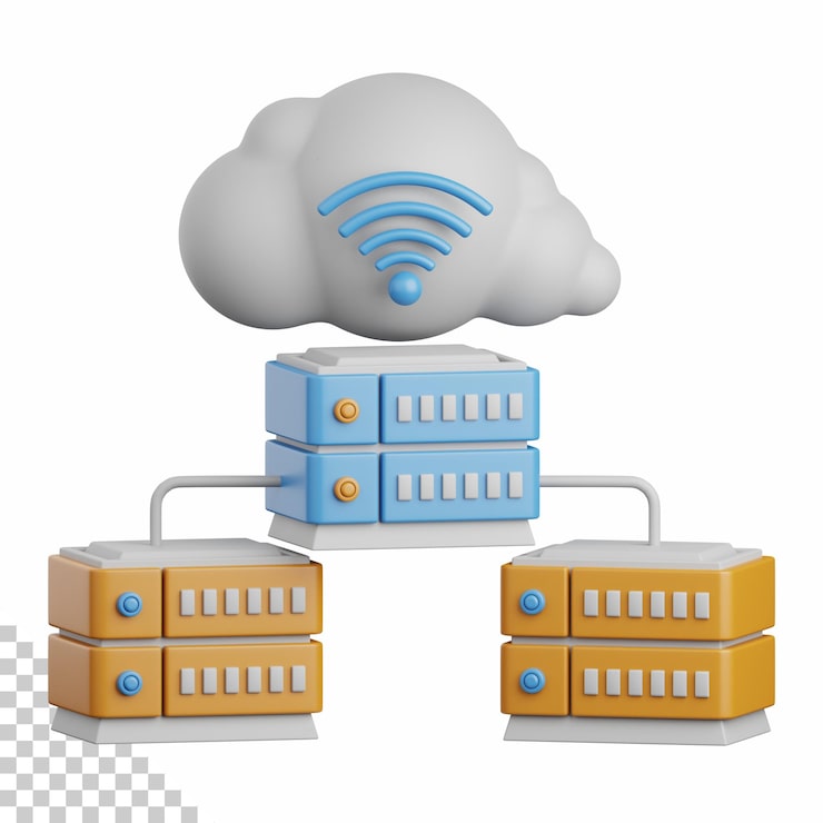PSD 3d rendering database server isolated useful for cloud network computing technology database server and connection design element