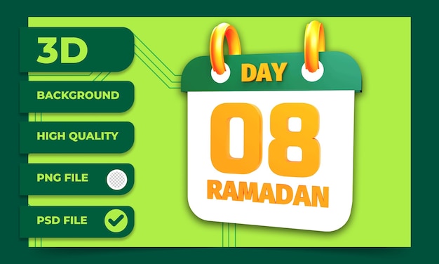 PSD 3d rendering day 8 ramadan calendar for moslem fasting