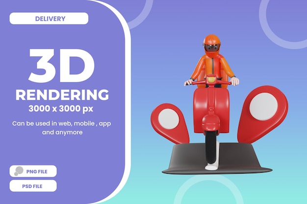 PSD 3d rendering delivery man character with scooter illustration object premium psd