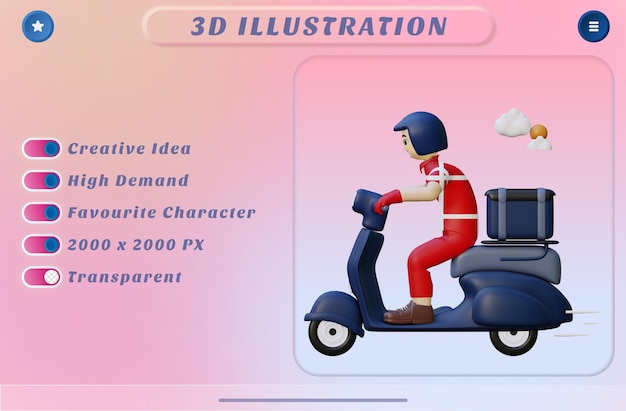 3d rendering delivery man riding motorcycle