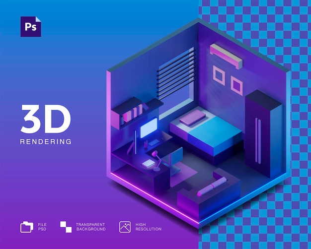 PSD progettazione di rendering 3d isolato della stanza isometrc