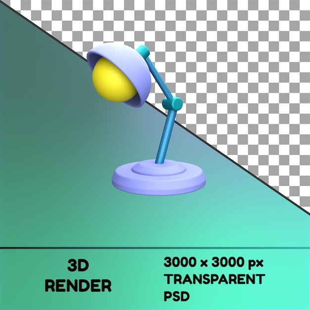 A 3d rendering of a desk lamp with transparent psd in the background.