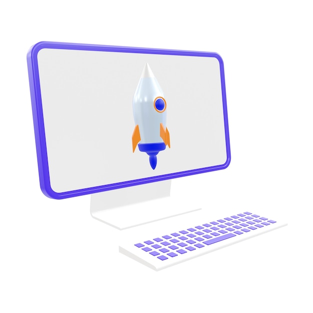 PSD 3d rendering of desktop and rocket icon