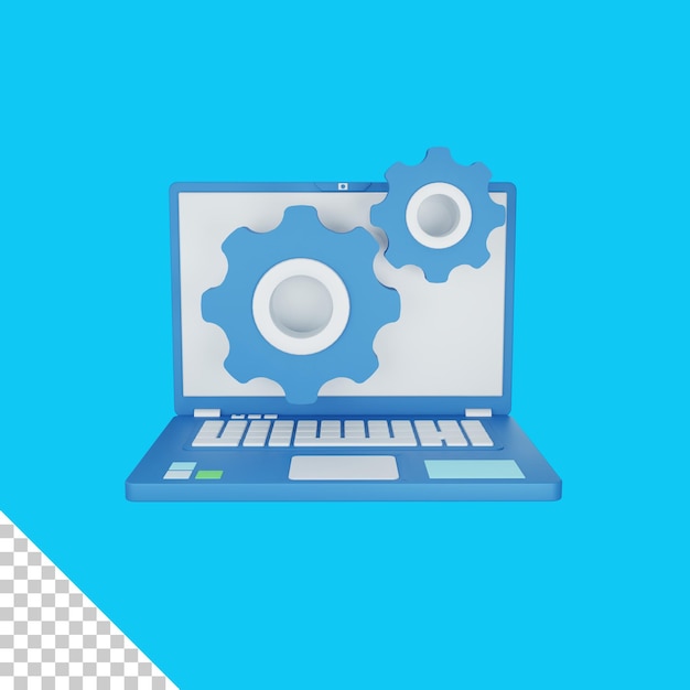 PSD 3d rendering development concept with laptop and colorful cogwheel