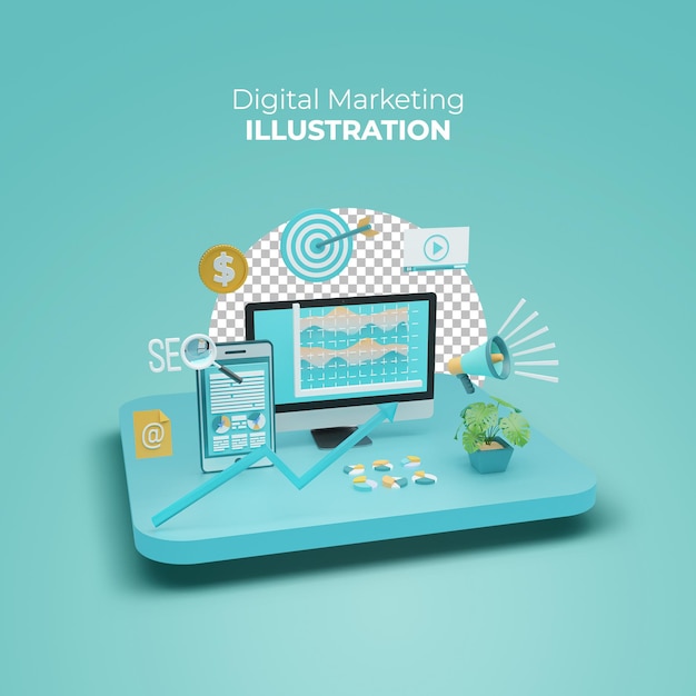 PSD 3d rendering digital marketing poster with computer