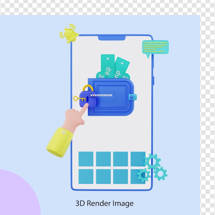 PSD 3d-рендеринг цифрового кошелька с секретным ключом на мобильном телефоне