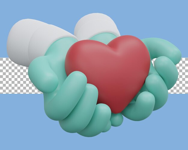 Rendering 3D mani del medico che tengono il cuore trasparente