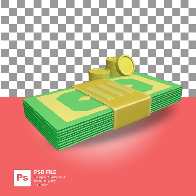 PSD 3d rendering of dollar bill object with multiple coins