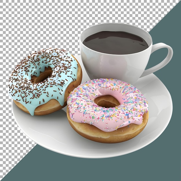 PSD 3d rendering of a donut with tea in a plate on transparent background ai generated