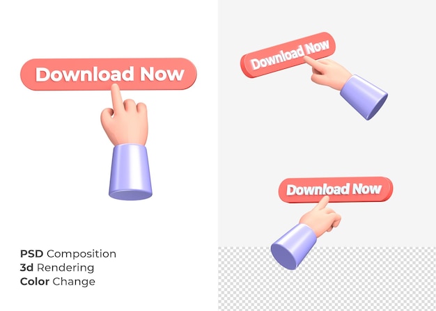 PSD 3d-rendering download nu knop met hand concept