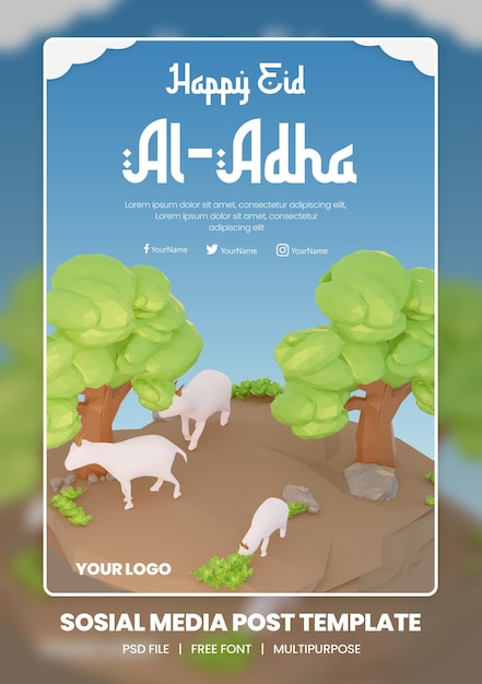 Rendering 3d del modello di tema del poster dei social media di eid al adha