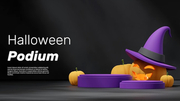 PSD rendering 3d mockup vuoto podio di halloween in paesaggio con una zucca che indossa un cappello da strega