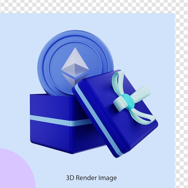 3D-рендеринг криптомонеты ethereum в подарочной коробке