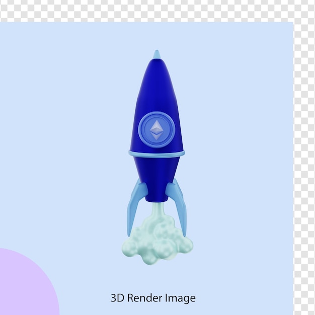 Rendering 3d della moneta crittografica ethereum che sale su un razzo