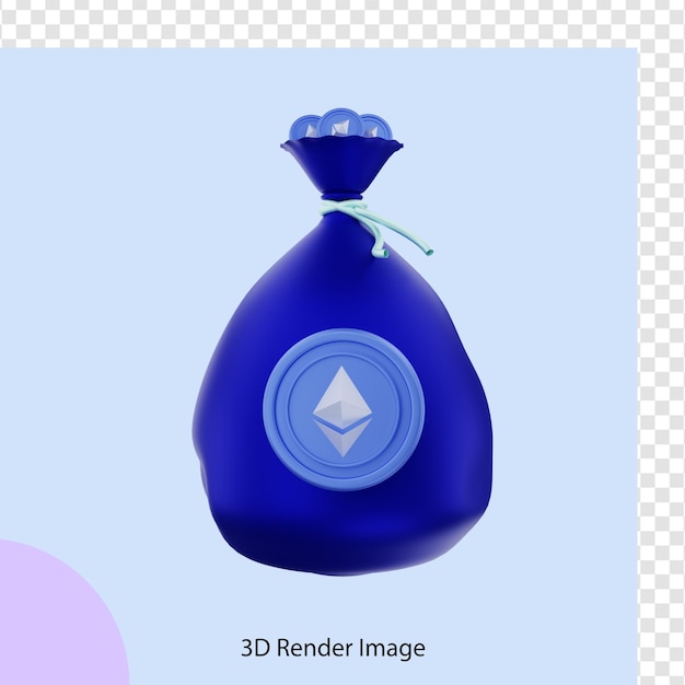 Rendering 3d della moneta crittografica ethereum con sacco