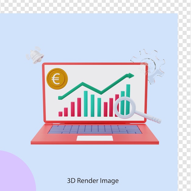 PSD rendering 3d del rapporto di analisi della valuta euro in aumento con il laptop