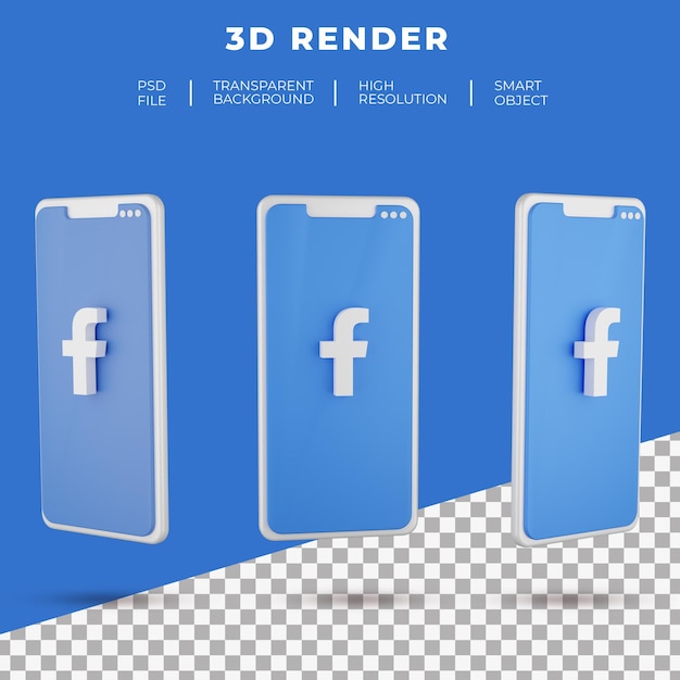 PSD 分離されたスマートフォンの3dレンダリングfacebookのロゴ