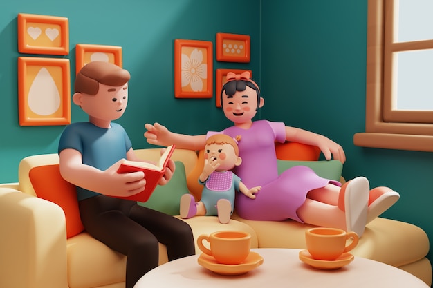 PSD 3d rendering of family scene