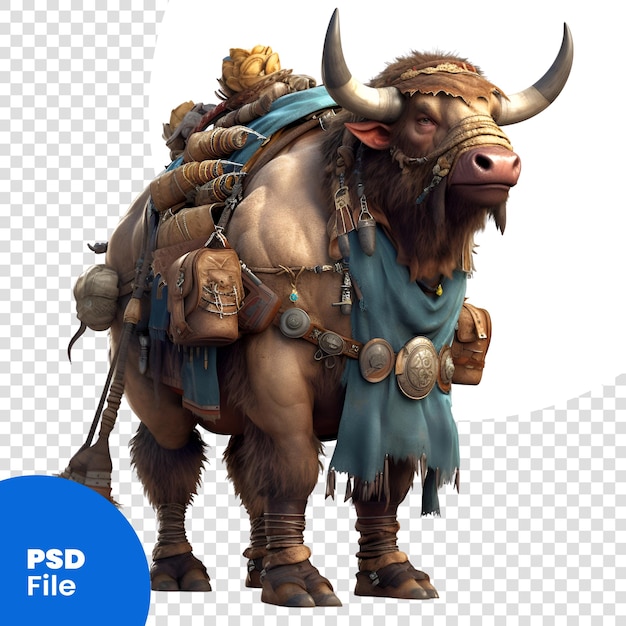 PSD rendering 3d di un guerriero fantasy con un grande cavallo cornuto isolato su sfondo bianco modello psd