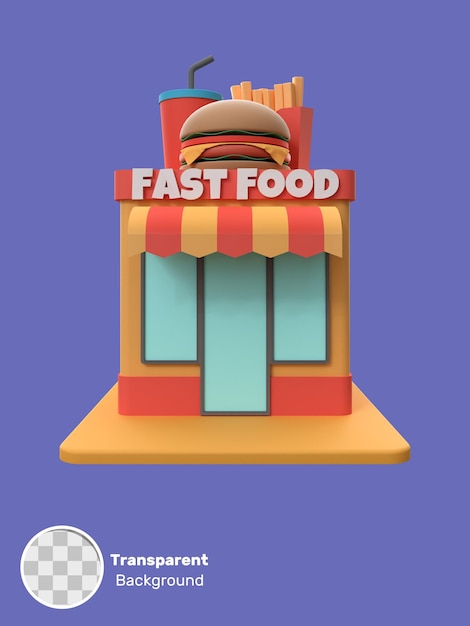 Rendering 3d di un'illustrazione della costruzione di un negozio di fast food oggetto su uno sfondo trasparente