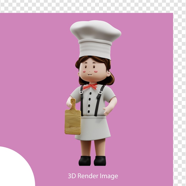 3d rendering female chef holding wood cutting