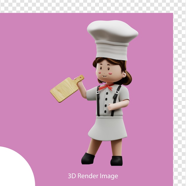 3d rendering female chef holding wood cutting