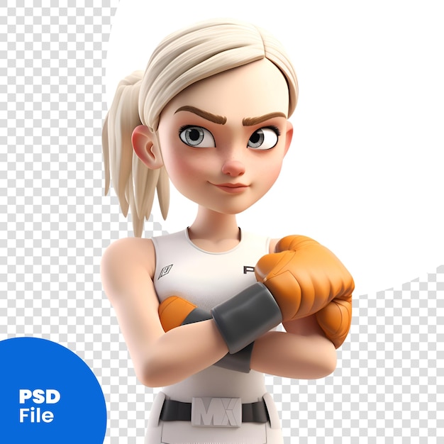 PSD 3d rendering of a female cosplay character with boxing gloves. psd template