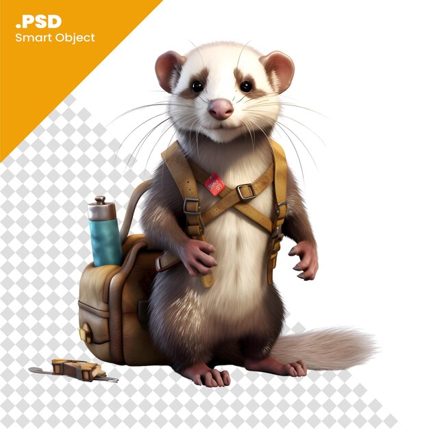 PSD 3d rendering of a ferret with a backpack and a suitcase psd template