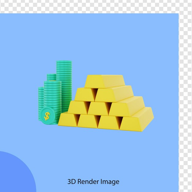 3D-рендеринг финансовых золотых слитков с кучей долларовых монет