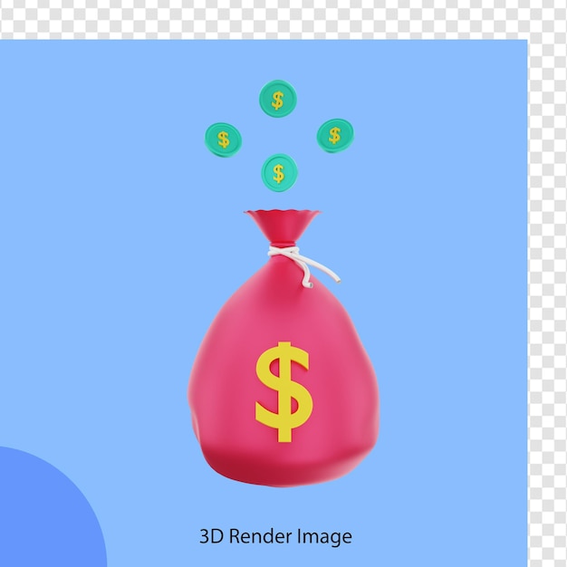 3d rendering finance money sack with dollar coins scattered