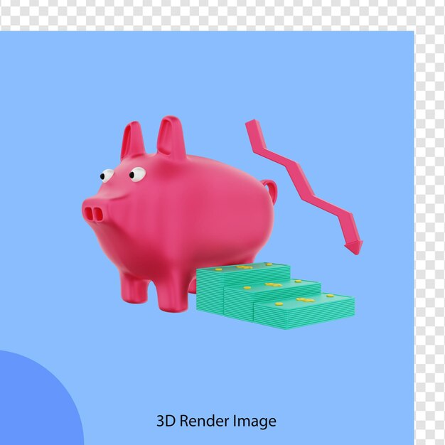 3d rendering finance piggy bank with investment dollar banknotes down