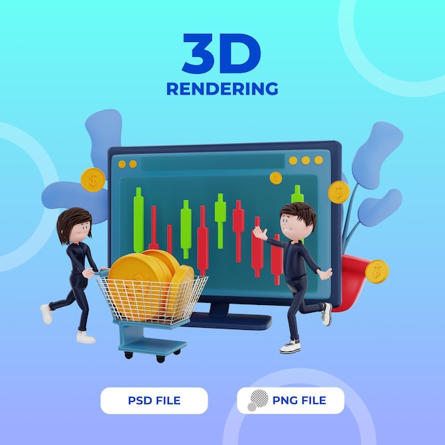 PSD 3dレンダリング金融女性キャラクターはカートとイラストオブジェクトプレミアムpsdをもたらします