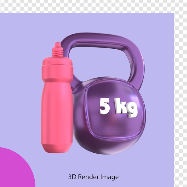 3d rendering of fitness 5 kg kettlebell gym with drink bottle