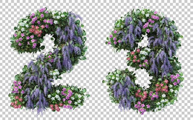 3d rendering flower garden number 2 and number 3 isolated