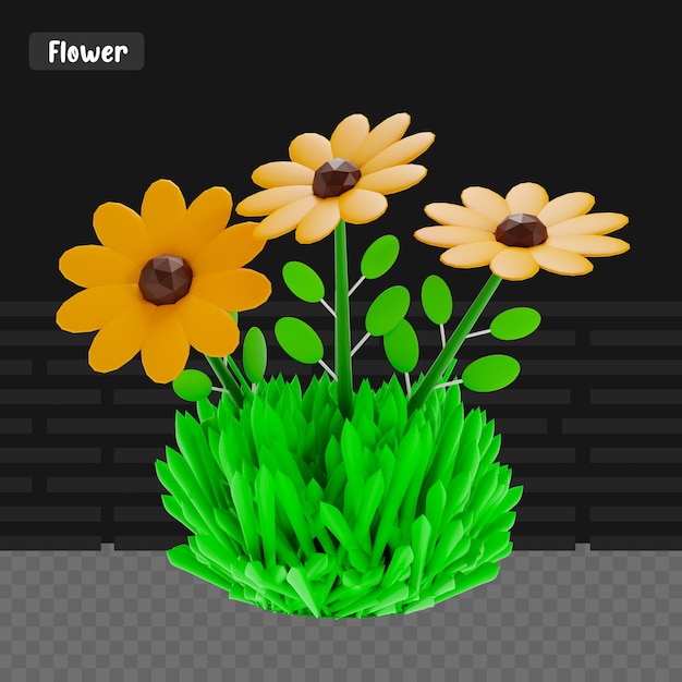 PSD 3d rendering flower with green grass